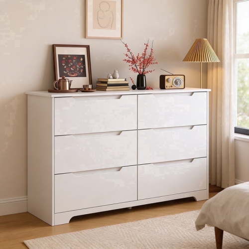 6-Drawer Double Dresser for Bedroom, Modern Wood Chest of Drawers with Large Storage, Smooth Metal Glides & Anti-Tip Safety, White
