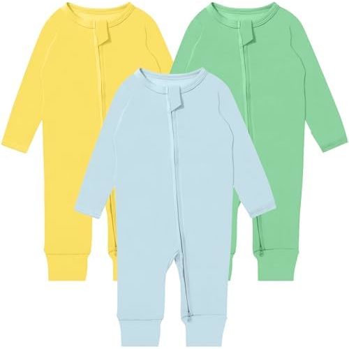 GUISBY Long Sleeve Cotton Pajamas Footless Baby Bodysuits with Zipper and Mittens 3-Pack for Boys Girls