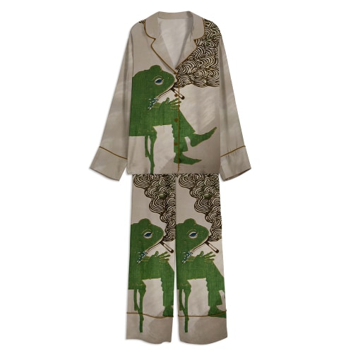 Tokyover Frog Smoking A Cigarette Vintage Unisex&nbsp;Long Sleeve Satin Pajama Set