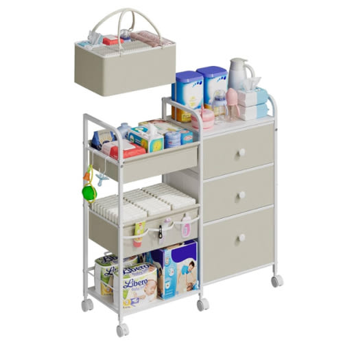 Cidaziya 2In1 Baby Diaper Caddy Organizers and Storage, 3 Tier Rolling Cart with Dividers and Drawers, Mobile Utility Cart Baby Dresser Clothes Organizer for Changing Table, Crib Nursery, Bedroom