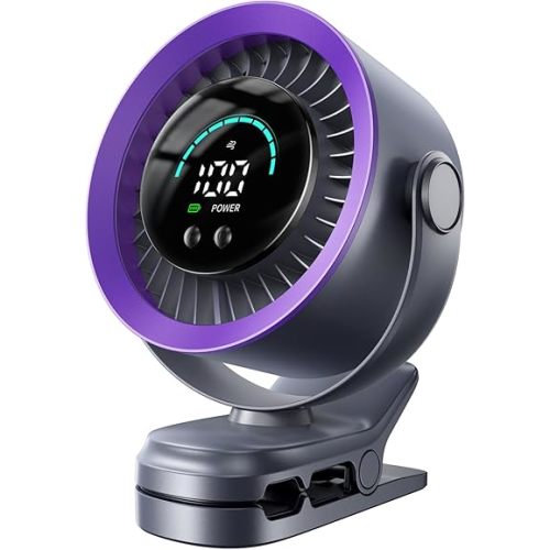 KIMMOO Portable Clip on Fan, 100-Speed Rechargeable USB Fan with LED Display, 360° Rotation & Strong Airflow Desk Fan, Up to 17 Hours Small Battery Fan for Outdoor Travel Camping Treadmill Car (Grey)