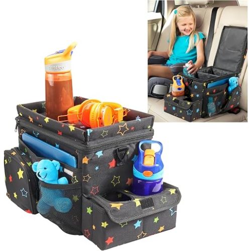 High Road CarHop Car Caddy Organizer with Road Trip Cooler, Car Cup Holder Bin, Sturdy Snack and Play Lid and 6 Organization and Storage Pockets, Starry Night