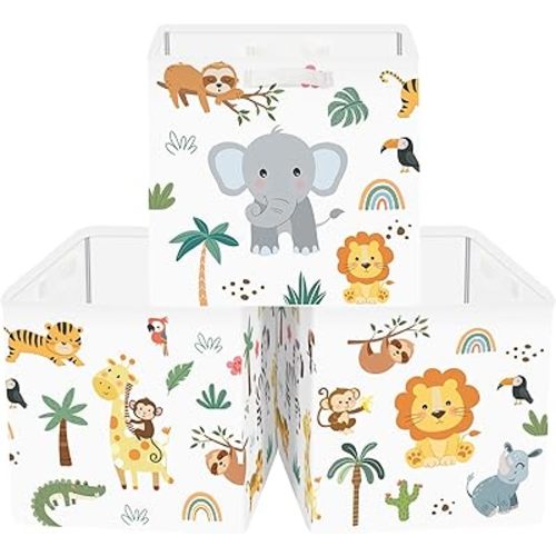 Clastyle Jungle Animal Storage Cube Organizer Set Tree Closet Clothes Cube with Metal Frame Foldable Parents Organizer Storage Basket for Book Toy,White,11.8x11.8x11.8 in