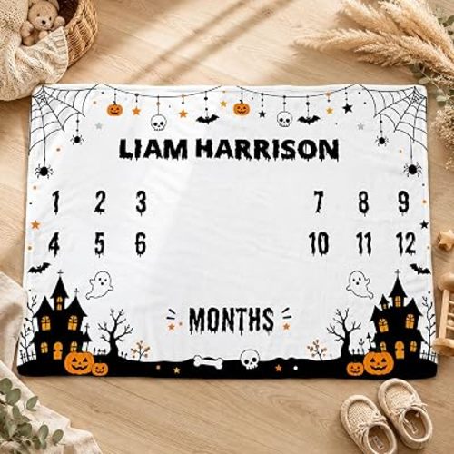 Personalized Halloween Baby Milestone Blanket, Haunted House Ghost Design