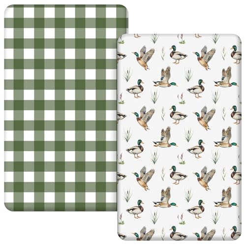 Mindsoft 2 Pcs 24 in x 38 in Mallard Duck Infant Crib Sheets Set Mini Portable Crib Sheet Newborn Bedding Nursery Baby Sheets for Girl Boys Baby Gifts Breathable Only for Pack and Play