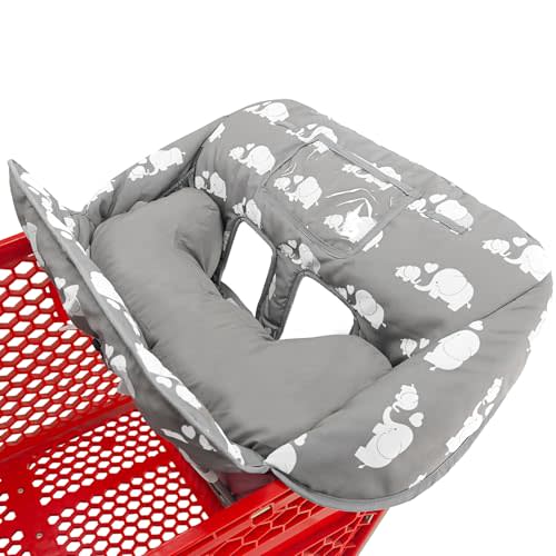 Love&go Soft Pillow Attached 2-in-1 Shopping Cart and High Chair Cover for Baby, Cotton Padded Cart Cover, Fold'n Roll Style, Portable with Carry Bag (Gray Elephant)
