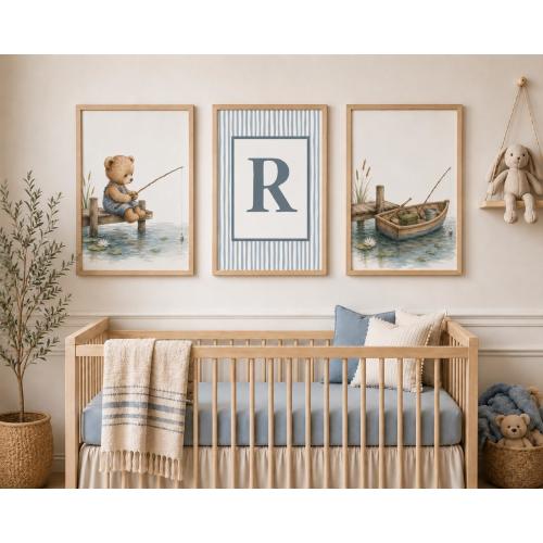 Fishing Bear Nursery Art Set | Woodland Baby Boy Name Prints (Digital Download)