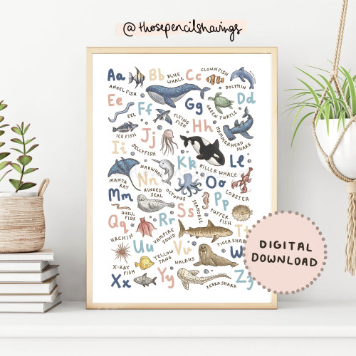 Ocean Animals Alphabet Print: Sea Life Nursery Decor (Digital Download)