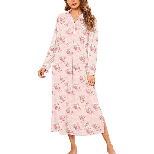 Ekouaer Nightgowns for Women Long Sleeves Nightgown Soft Sleepwear Button V Neck Sleepshirt Long Nightgown S-XXL