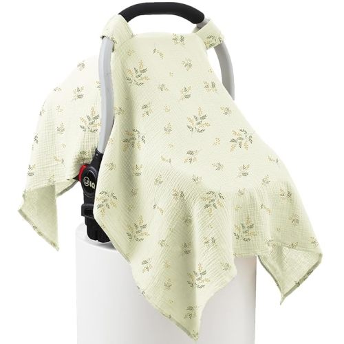 100% Muslin Cotton Car Seat Cover Baby, Carseat Canopy Cover, Universal Fit Stroller Covers for Boys and Girls (Green Beige Leaf)