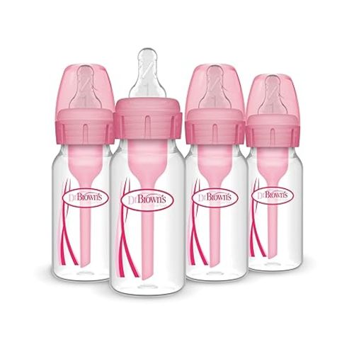 Dr. Brown's Natural Flow Anti-Colic Options+ Narrow Baby Bottle, 4 oz/120 mL, with Level 1 Slow Flow Nipple, Pink, 0m+, 4 Pack