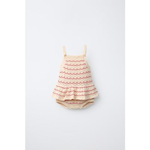 STRIPED POINTELLE KNIT ROMPER - Ecru / Red | ZARA United States