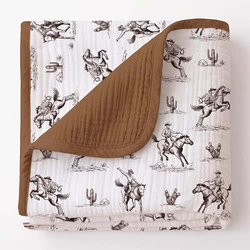 Western Muslin Baby Blankets for Boys Girls, 100% Cotton Crib Blanket for Infant Toddler, 40"x36" Super Soft Lightweight Nursery Swaddling Wrap, Cowboy Reversible & Breathable Bedding Blankets