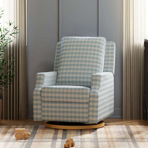 Namesake Crewe Blue Gingham Swivel Glider Power Recliner Nursery Chair