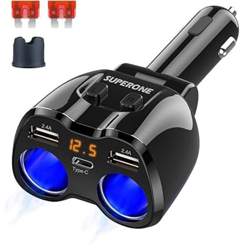 SUPERONE 2 Socket Cigarette Lighter Splitter 12/24V 80W Dual USB Type-C Adapter Independent Switch LED Voltage Display Replaceable 10A Fuse Compatible Cell Phone GPS Dash Cam