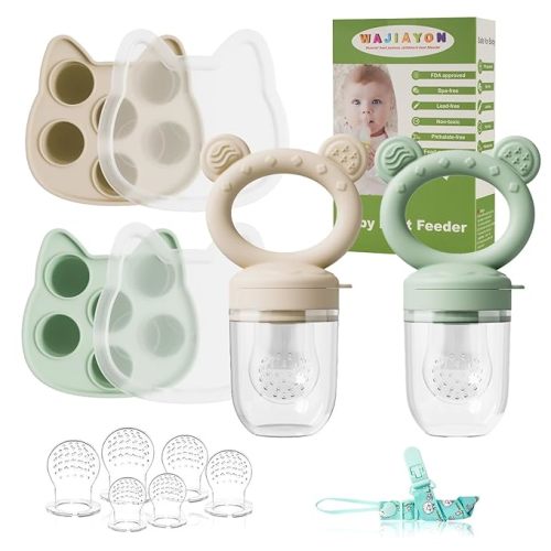 Baby Breastmilk Popsicle Molds & Baby Fruit Feeder (4 Pack), Infant Food Freezer Tray Storage Containers, Silicone Teething Pacifier Feeder and Teether for Babies,Boys and Girls-Beige&Green