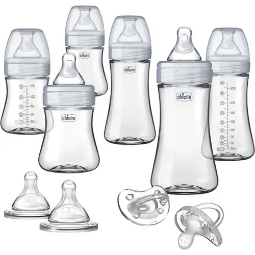 Chicco Duo Deluxe Hybrid Baby Bottle Starter Gift Set with Invinci-Glass Inside and Plastic Outside | Dishwasher, Bottle Warmer, and Electric Sterilizer Safe | Intui-Latch Nipple | Clear/Grey