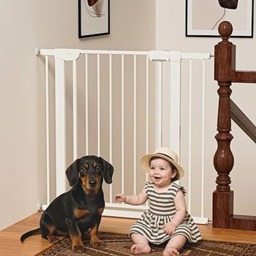 MUTAK 29.5-40.6" Magnetic Baby Gate for Stairs, Baby Safety Essentials, Auto Close Gate for Doorways, Easy Install Pressure Mounted Dog Gate Indoor, Pet Gates for Dogs, White