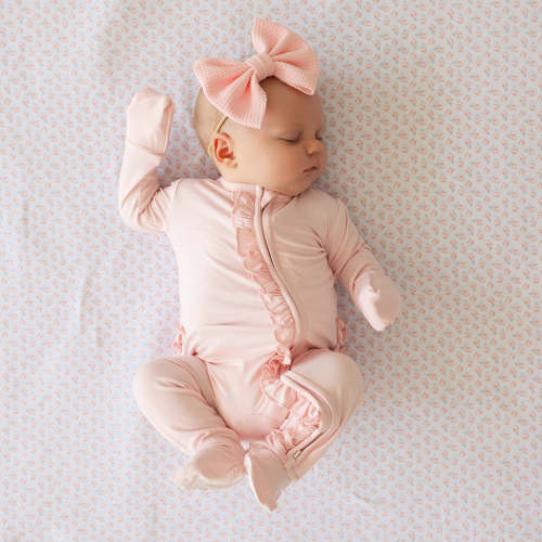 3-6 Month Solid Pink Long Sleeve Sweet Pink Footie Ruffled Zippered One Piece | Posh Peanut®