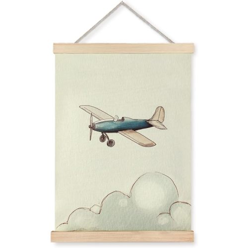 Nipil Vintage Airplane Nursery Poster Hanger Frame, Watercolor Cloudy Sky Scenery Airplane Aviation Hanging Canvas Framed Wall Art Decor for Kids baby Boys Room Nursery Playroom, 12x16 Inch