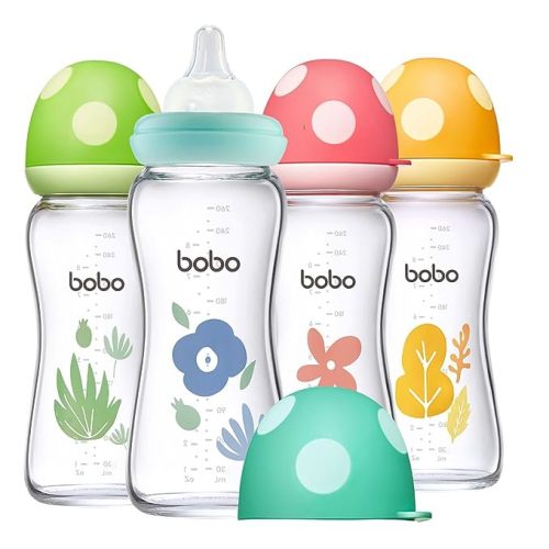 YOHKOH Natural Glass Baby Bottle with Natural Response Nipple, Newborn Anti-Colic Baby Bottles, Wide Neck Mushroom Cap Baby Bottle, Clear (8.8oz (Pack of 4), Multicolour)