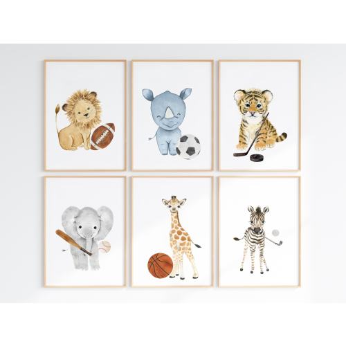 Sports Animal Nursery, Baby Animal Sport Nursery, Watercolor Baby Sports, Baby Boy Sport Nursery, Animal Sports Pictures, Boy Bedroom Decor
