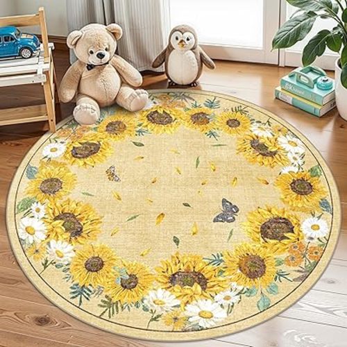 Round Rug 4ft Washable: Sunflower Non-Slip Farmhouse Rugs for Living Room Nursery Dining Room - Soft Stain Resistant Easy Clean Carpet for Family with Pets 4ft Round Sunflower