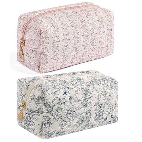 HHQQWZ Makeup Bag Travel Cosmetic Bag for Women, Zipper Make Up Pouch, Floral Flowers Toiletry Organizer, Portable Storage Bag, Cosmetic Travel Cloth Bag (Pink+Navy Blue Flower)