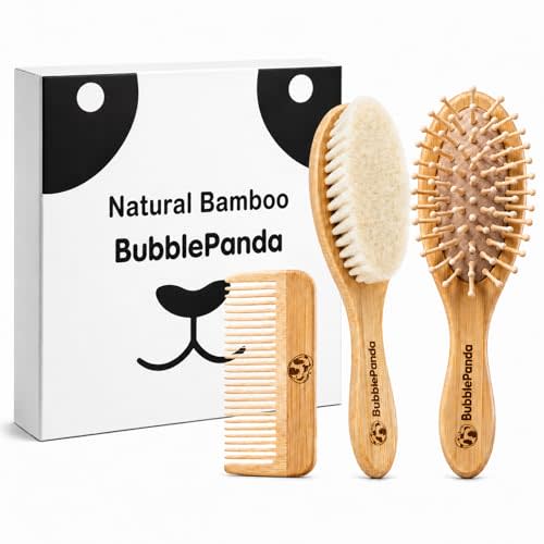 BubblePanda Baby Brush and Comb Set – 3-in-1 Baby Hair Brush Kit with Ultra Soft Goat Bristles, BambooComb &l Scalp Massager, Gentle Cradle Cap Care, Newborn to Toddler Gift