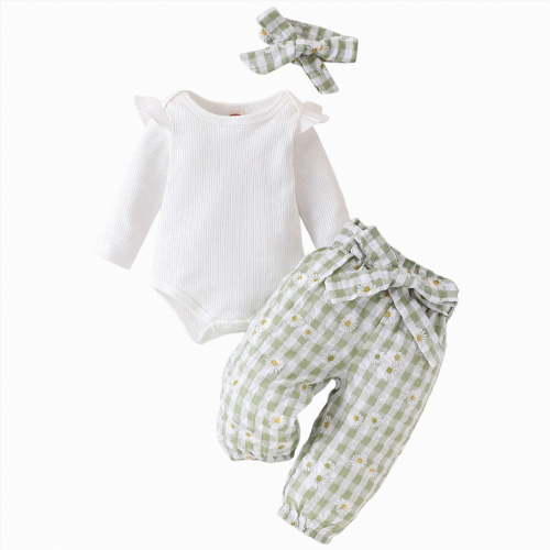 TOWED22 Newborn Infant Girl Fall Winter Clothes 3-Piece Set Long Sleeve Round Neck Romper Jumpsuit Ribbed Pants Headband Outfits Set(Light Green,0-3 M)