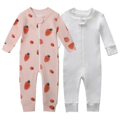Owlivia Organic Cotton Footless Pajamas, 2Pk Baby Girl Rompers - Strawberry