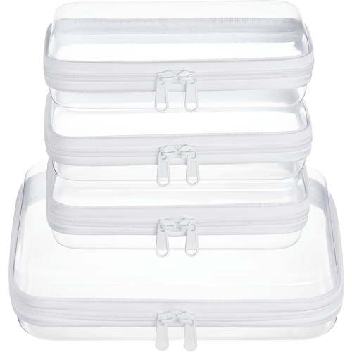 4 Pack Clear Zipper Pouches, Hard Shell Travel Toiletry and Cosmetic Organizer Bags, Clear Diaper and Toy Storage Pouches, 1 Medium and 3 Small