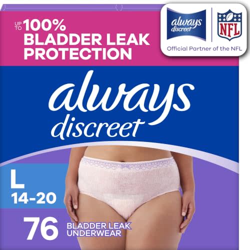 Always Discreet Adult Diapers for Women, Incontinence Underwear, Postpartum Essentials, Disposable Briefs, Max Absorbency, Bladder Leak Protection, Large, 76ct