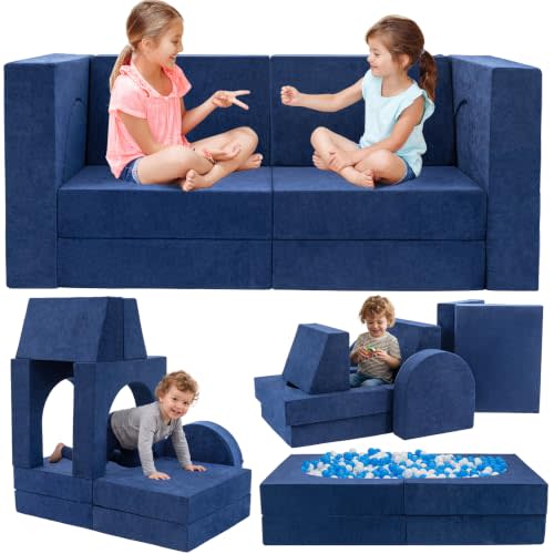 Fvkind 10 Pcs Kids Modular Play Couch, Baby Play Sofa Kids Couch Fort, Blue | Chenille Fabric‌-Soft Modular Kids Play Couch-Comfy Kids' Sofas-Small Couch for Kids-Great Baby Play Couch Climbing Foam