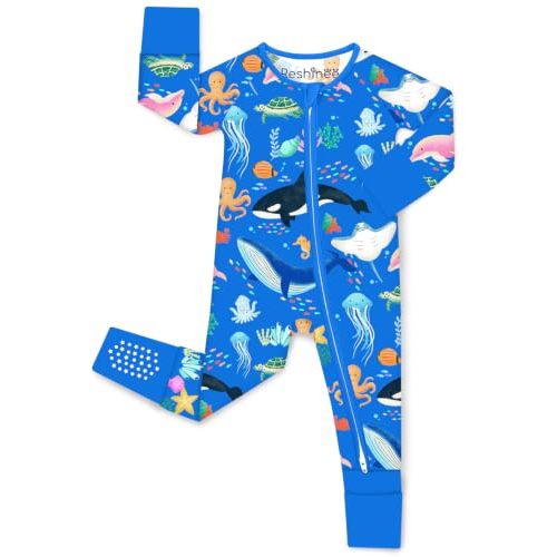 babee Reshinee Bamboo Viscose Baby Footie Pajama, Zipper Sleeper Boys Girls | Sleep & Play Romper with 2-Way Zipper, Fold-Over Mittens & Foot Cuffs with Grips, Tagless, Convertible, All-Season, 0-24M
