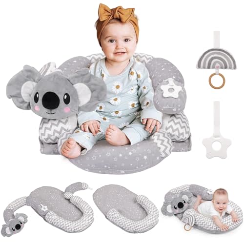 4 in 1 Tummy Time Mat & Seated Support Pillows, Play Mat, Sitting Support for Newborn 0-12 Months, Infant Baby Sit Me Up Floor Seat, Sensory Development Gifts Tummy Time Play Toys, Light Koala