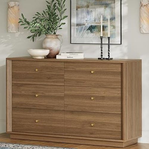 Mid Century Modern Dresser, 6 Drawer Dresser with Storage, 47" Wide Chest of Drawers with Wood Grain Texture, Dressers TV Stand for Bedroom, Living Room, Hallway, Walnut