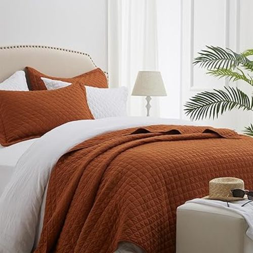 SunStyle Home Quilt Set King Brunt Orange Lightweight Bedspread Soft Reversible Coverlet for All Season 3pcs Rust Diamond Quilted Bedding Sets (1 Quilt 2 Pillow Shams)(106"x96")