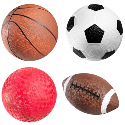 PlayBolt Sports Balls for Kids & Toddlers Toys - (Pack of 4) 5-inch | 5-inch, Includes Football, Small Size Soccer, Basketball, & Playground Balls, Fun Indoors & Outdoor Toys w/ Hand Pump