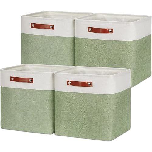 HNZIGE Collapsible Fabric Storage Cubes 13x13x13 Set of 4 Decorative Storage Basket Bin with Handles Storage Cube Basket for Organizing Clothes, Toys, Closet, Nursery(Green White)