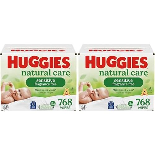 Huggies Natural Care Sensitive Baby Wipes, Unscented, Hypoallergenic, 99% Purified Water, 12 Flip-Top Packs (768 Wipes Total), Packaging May Vary (Pack of 2)