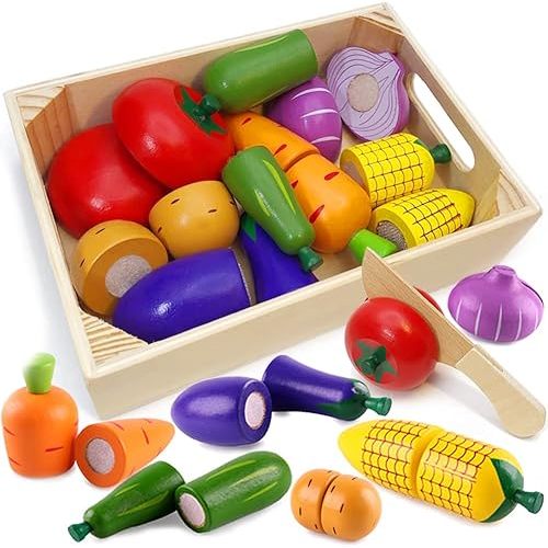 Wooden Play Food for Kids Kitchen for Toddlers Cutting Pretend Play