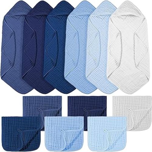 VitalCozy Blue Style Baby Muslin Hooded Bath Towels and Washcloths, 32 x 32 Inch Muslin Hooded Baby Towels Absorbent Blankets for Gift Newborn Infant Shower (12 Pcs)