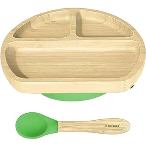 Abiie Octopod Bamboo Dish - Kids Plates for 4 months and up, 3-Compartment Baby Plates with Suction, Triangle Bamboo Baby Plate, Mess-Free Toddler Suction Plates, Baby Feeding Supplies, 8.3x1.9x7.7 in