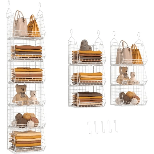 X-cosrack 6 Tier Closet Hanging Organizer, Clothes Hanging Shelves with 4 Hanging Hooks 5 S Hooks, Wire Storage Basket Bins, for Clothing Sweaters Shoes Handbags Clutches Accessories Patent