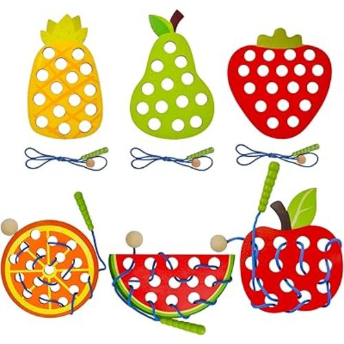 ECam 6 Pcs Lacing Toy for Toddlers, Wooden Threading Toys, Educational and Learning Montessori Activity for Baby and Kids, Fine Motor Skill Toys, Apple Pear Strawberry Watermelon Orange Pineapple