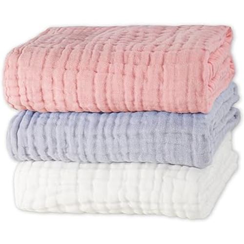 FOOK FISH Muslin Baby Towel Super Soft Cotton Baby Bath Towel 6 Layers Infant Towel Newborn Towel Blanket Suitable for Baby's Delicate Skin 40 x 40 inches (White&Peachy Pink&Grey)