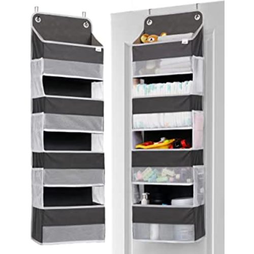 ULG Over Door Organizer with 4 Large Pockets 6 Mesh Side Pockets, 33 lbs Weight Capacity Hanging Storage Organizer with Clear Window for Bedroom Nursery, Baby Kids Toys, Diapers, Dark Grey (1 Pack)