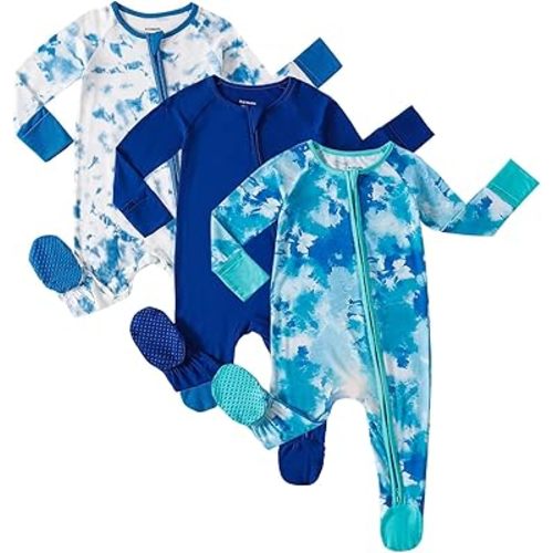 OPAWO Bamboo Baby Pajamas 3 Pack, 2 Way Zipper Newborn Footie Pajamas with Mitten Cuffs, Bamboo Sleepers for Baby Girl Onesie