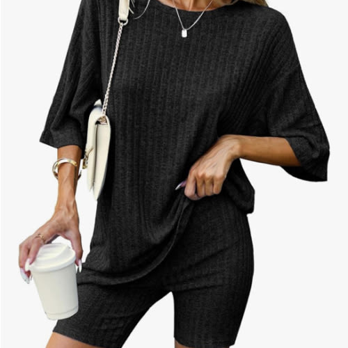 Ekouaer Pajamas 2 Piece Lounge Sets Ribbed Knit Matching Outfits T-shirt Biker Shorts Sleepwear Loungewear Sweatsuits